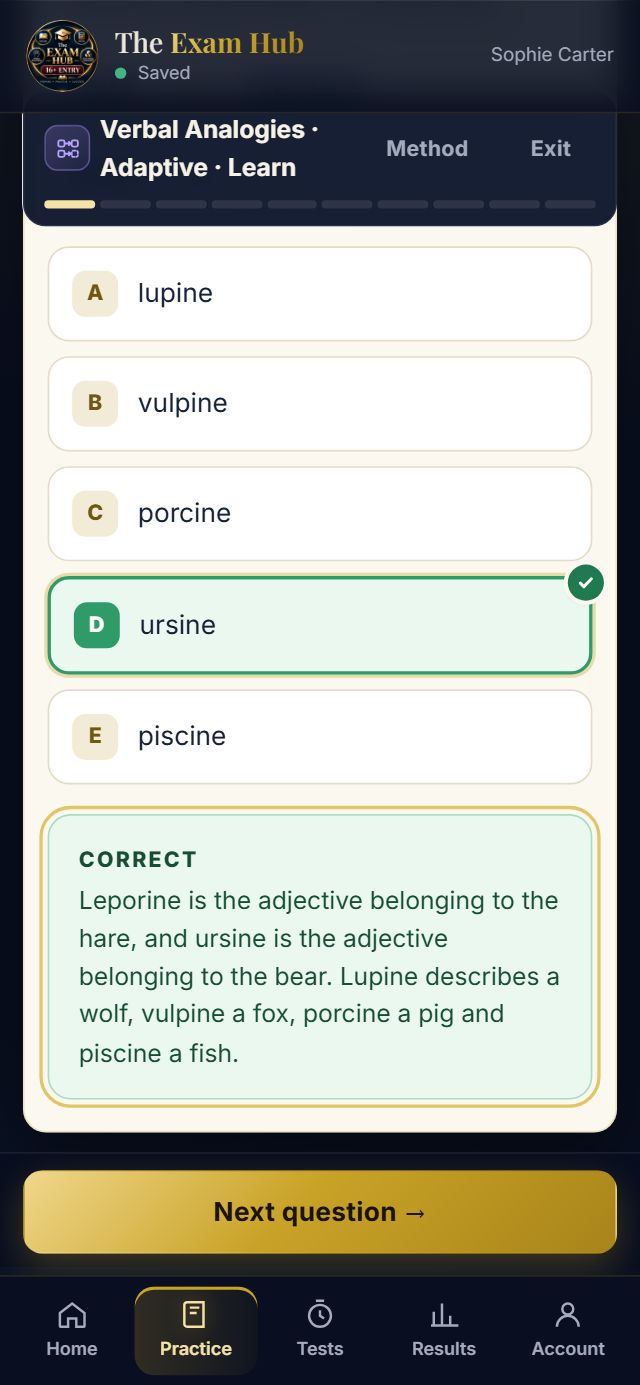 A 16+ verbal analogy answered correctly on a phone, with the reason shown straight away
